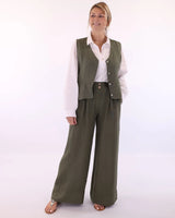 Linen wide leg trouser- Deep Olive