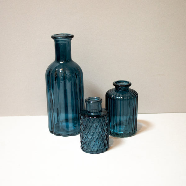 Blue Ribbed Glass Bottle